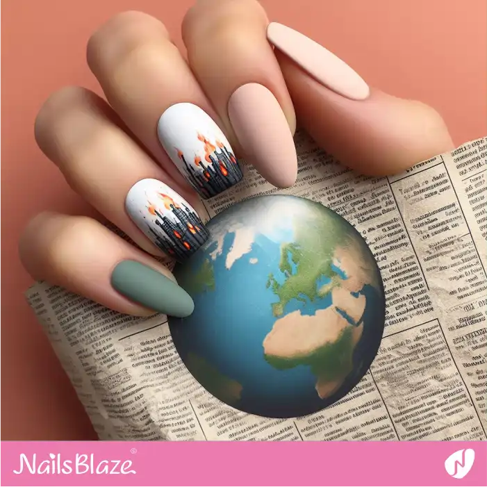 Burning City, a Symbol of Climate Change Nail Design | Climate Crisis Nails - NB2690